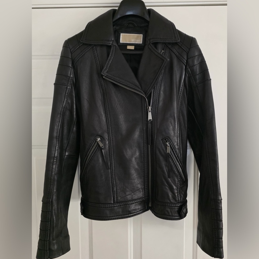 Michael Kors Black Leather Asymmetric Zip Moto Jacket